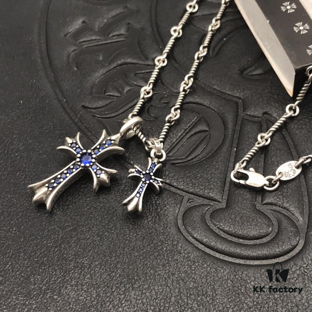 High-Version Chrome Hearts Blue Diamond Aged Double Cross Necklace, One Style Four Wears, The Pinnacle of Cross Necklaces, A Timeless Classic