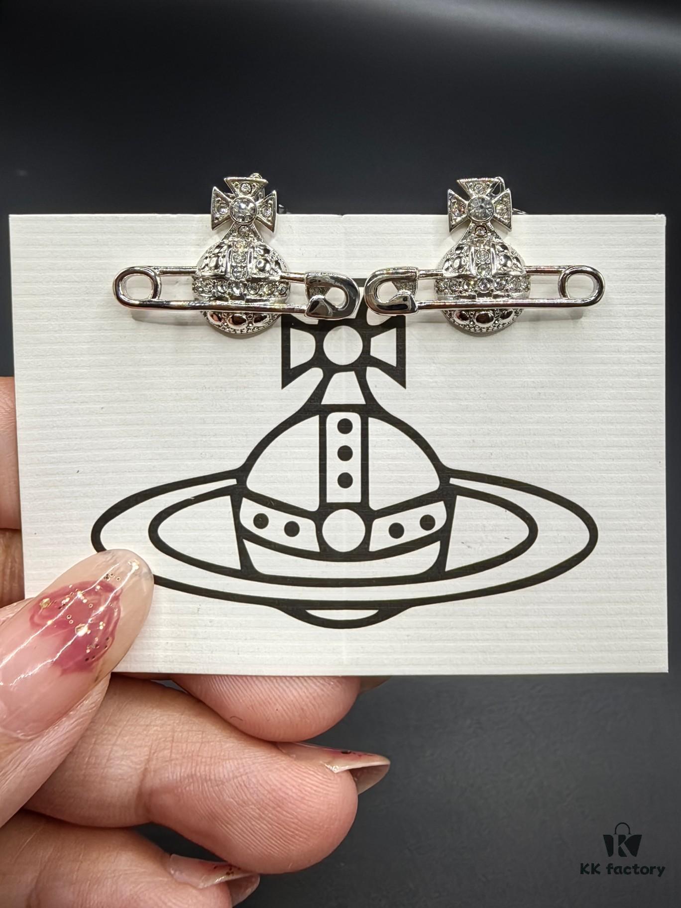 West Grandma Full Diamond Saturn Pin Necklace, Bracelet, and Stud Earrings Set in White Gold Color