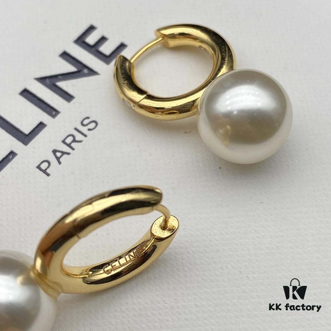 CELINE New Model Pearl Hoop Stud Earrings