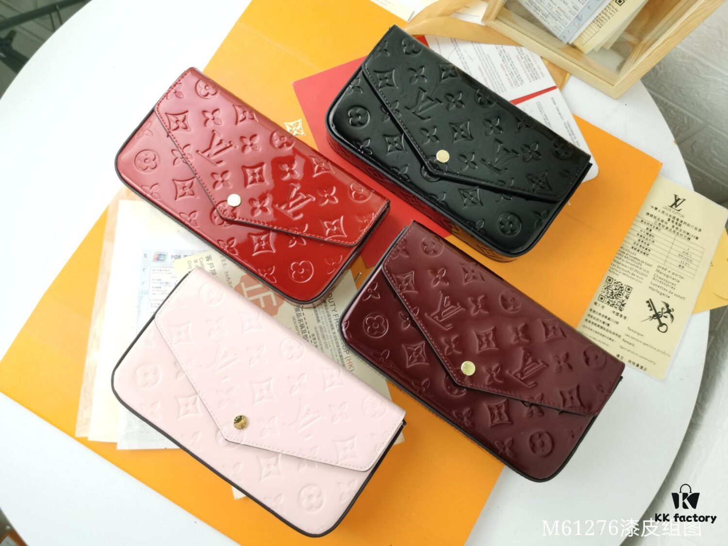 6930379af09edb6de4c4cdb6 Replica High-Quality Full Steel Hardware Embossed Patent Leather Louis Vuitton Felicie Handbag