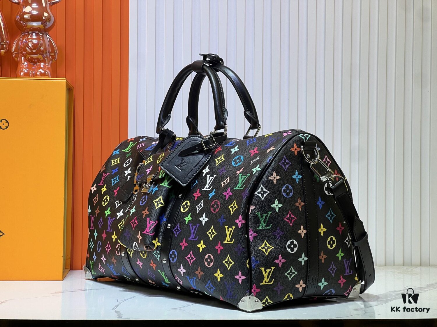 69303888f09edb6de4c4ce97 M13742 Multicolor White and Black Travel Bag, LV x TM KEEPALL BANDOULIÈRE 45, New Arrival