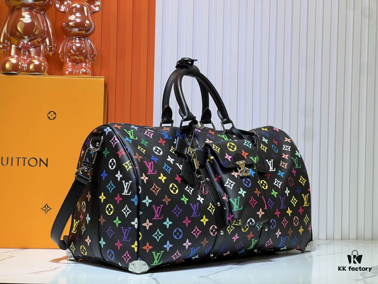 693038a6f09edb6de4c4cea8 M13742 Multicolor White and Black Travel Bag, LV x TM KEEPALL BANDOULIÈRE 45, New Arrival