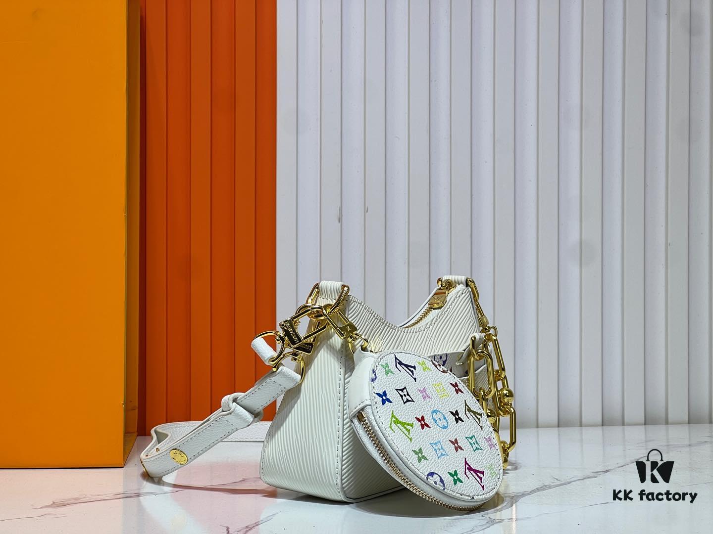 69303a68f09edb6de4c4d0b2 M13099 Marellini Handbag crafted from textured Epi leather with a compact silhouette, offering ample space for daily essentials like a smartphone. Features a round coin purse and mirror made from the vibrant Monogram canvas of the Louis Vuitton × Takashi Murakami collaboration, attached to the bag via a bold metal chain. Dimensions: 19x13.5x6.5cm