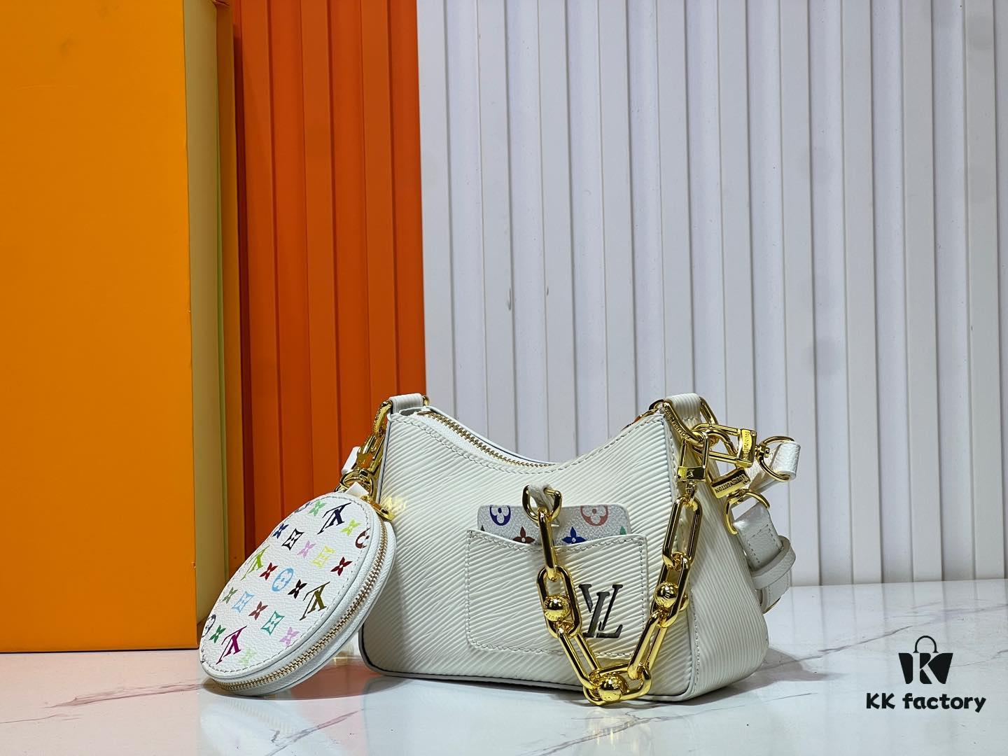 69303a69f09edb6de4c4d0b3 M13099 Marellini Handbag crafted from textured Epi leather with a compact silhouette, offering ample space for daily essentials like a smartphone. Features a round coin purse and mirror made from the vibrant Monogram canvas of the Louis Vuitton × Takashi Murakami collaboration, attached to the bag via a bold metal chain. Dimensions: 19x13.5x6.5cm