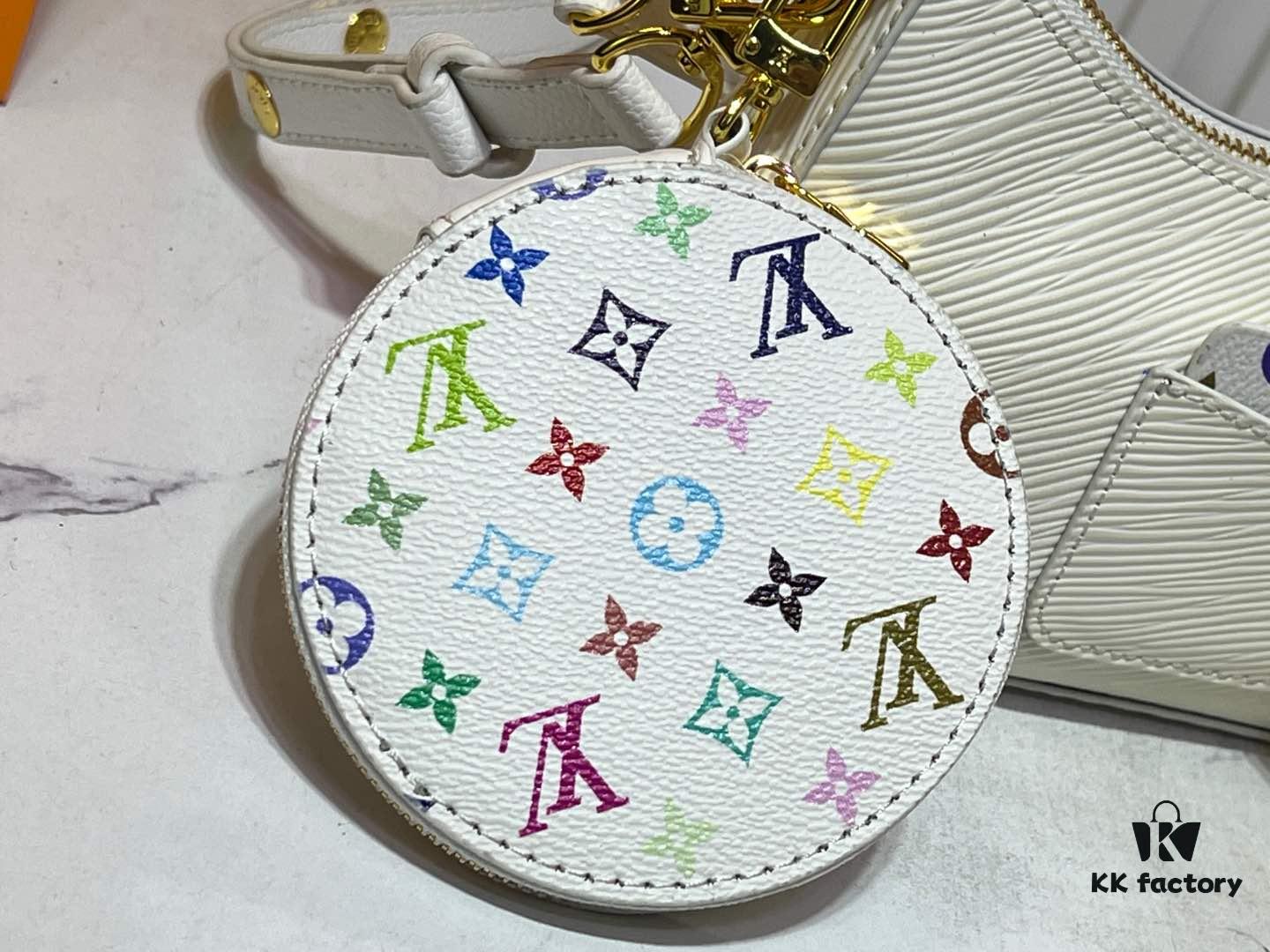 69303a6bf09edb6de4c4d0b5 M13099 Marellini Handbag crafted from textured Epi leather with a compact silhouette, offering ample space for daily essentials like a smartphone. Features a round coin purse and mirror made from the vibrant Monogram canvas of the Louis Vuitton × Takashi Murakami collaboration, attached to the bag via a bold metal chain. Dimensions: 19x13.5x6.5cm