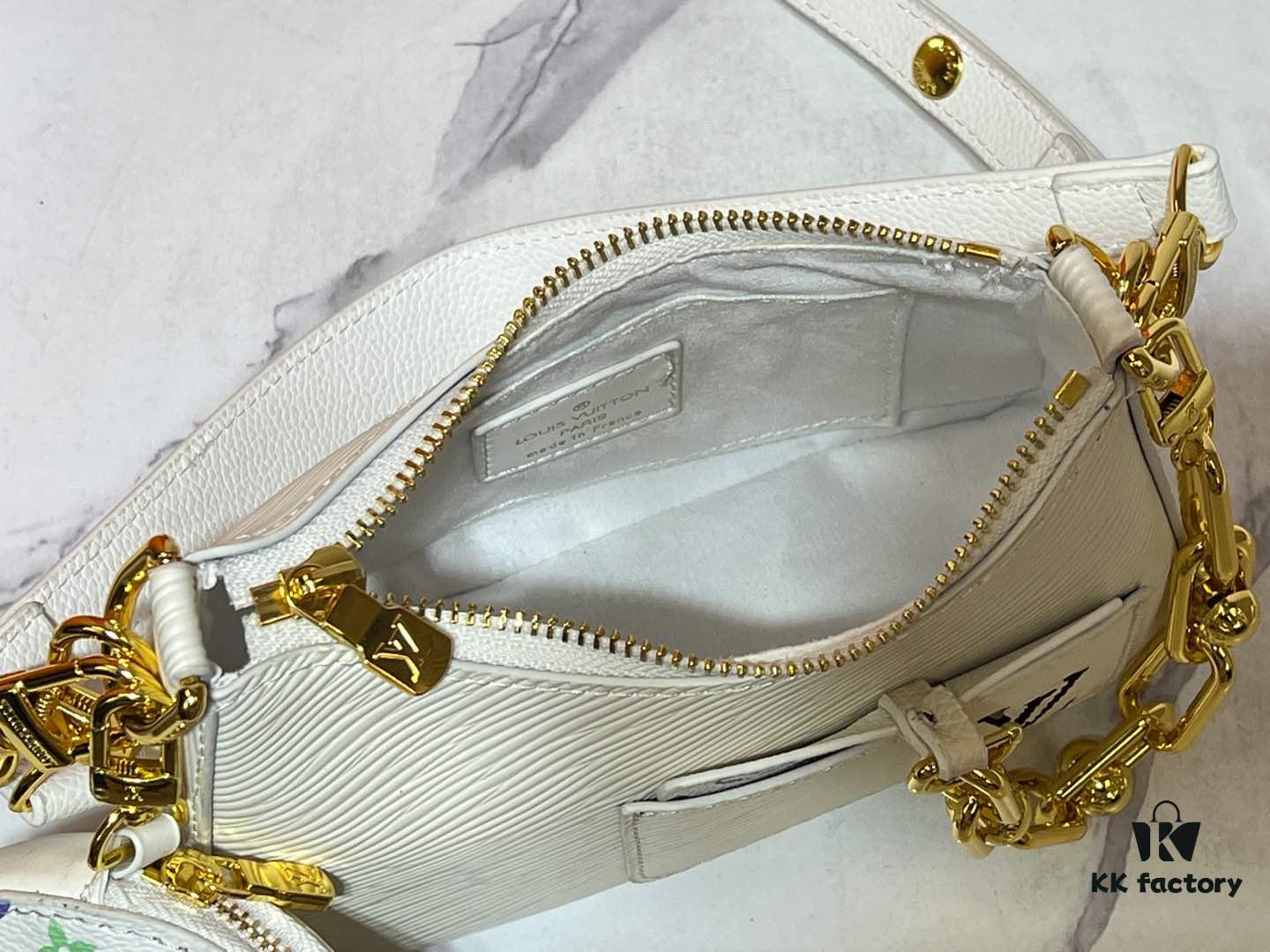 69303a70f09edb6de4c4d0bc M13099 Marellini Handbag crafted from textured Epi leather with a compact silhouette, offering ample space for daily essentials like a smartphone. Features a round coin purse and mirror made from the vibrant Monogram canvas of the Louis Vuitton × Takashi Murakami collaboration, attached to the bag via a bold metal chain. Dimensions: 19x13.5x6.5cm