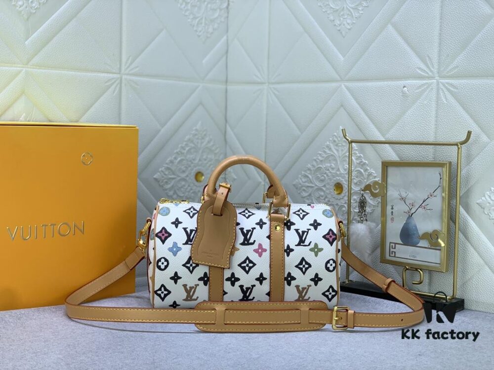 69303cdaf09edb6de4c4d451 Upgraded Original M46271 Black Flower Orange Chain, Denim Blue, M31044 Orange, M11542 Monogram, M24849 Multicolor Daisy Keepall 25