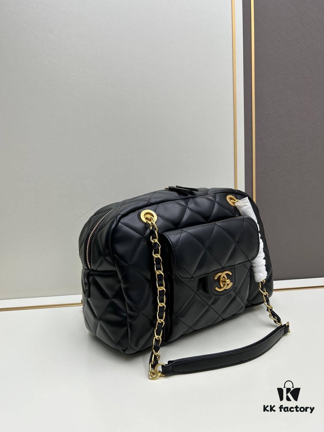 New Chanel 24A Bowling Bag Small Black Crinkled Calfskin