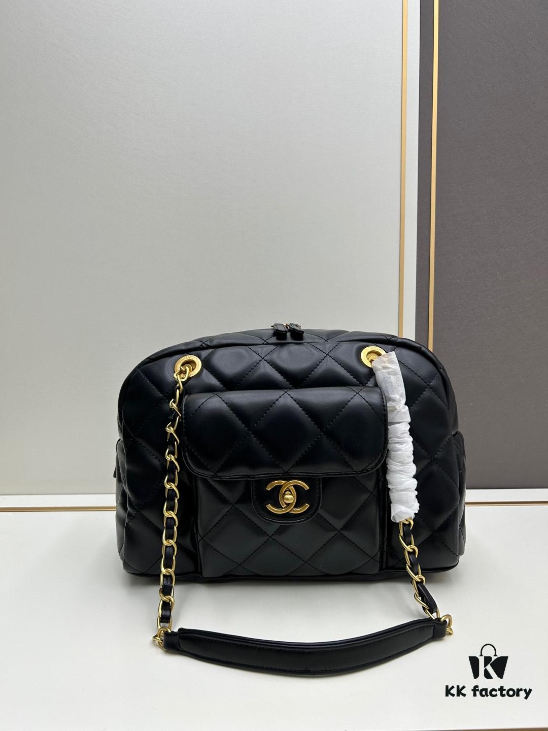 New Chanel 24A Bowling Bag Small Black Crinkled Calfskin