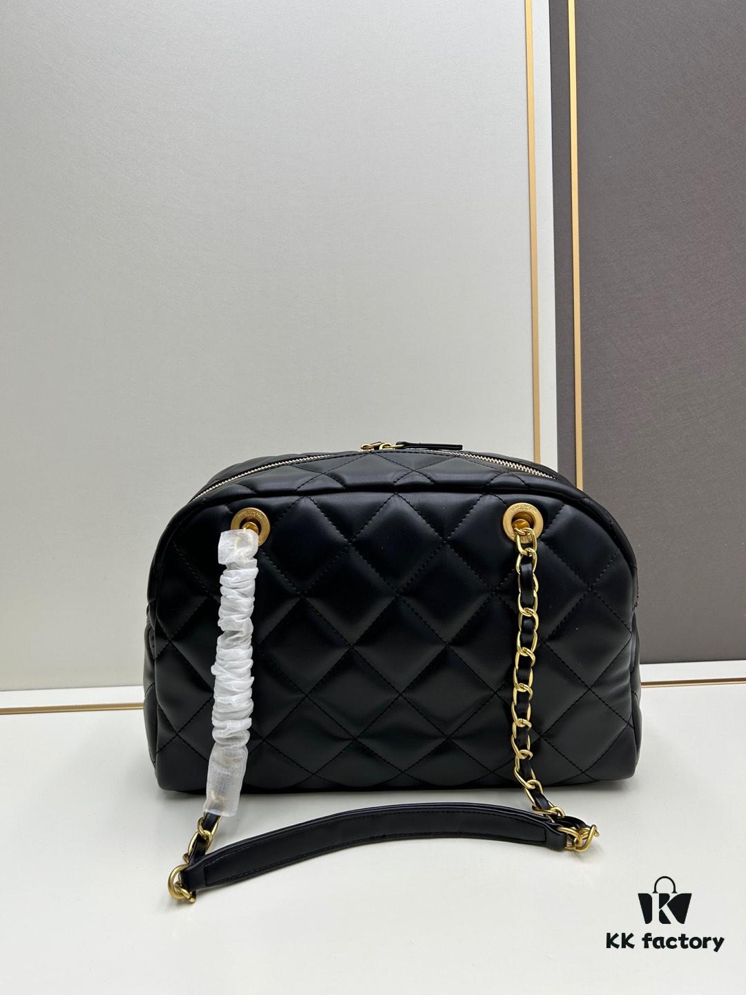 New Chanel 24A Bowling Bag Small Black Crinkled Calfskin