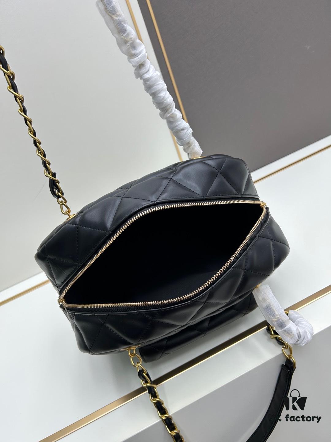 New Chanel 24A Bowling Bag Small Black Crinkled Calfskin