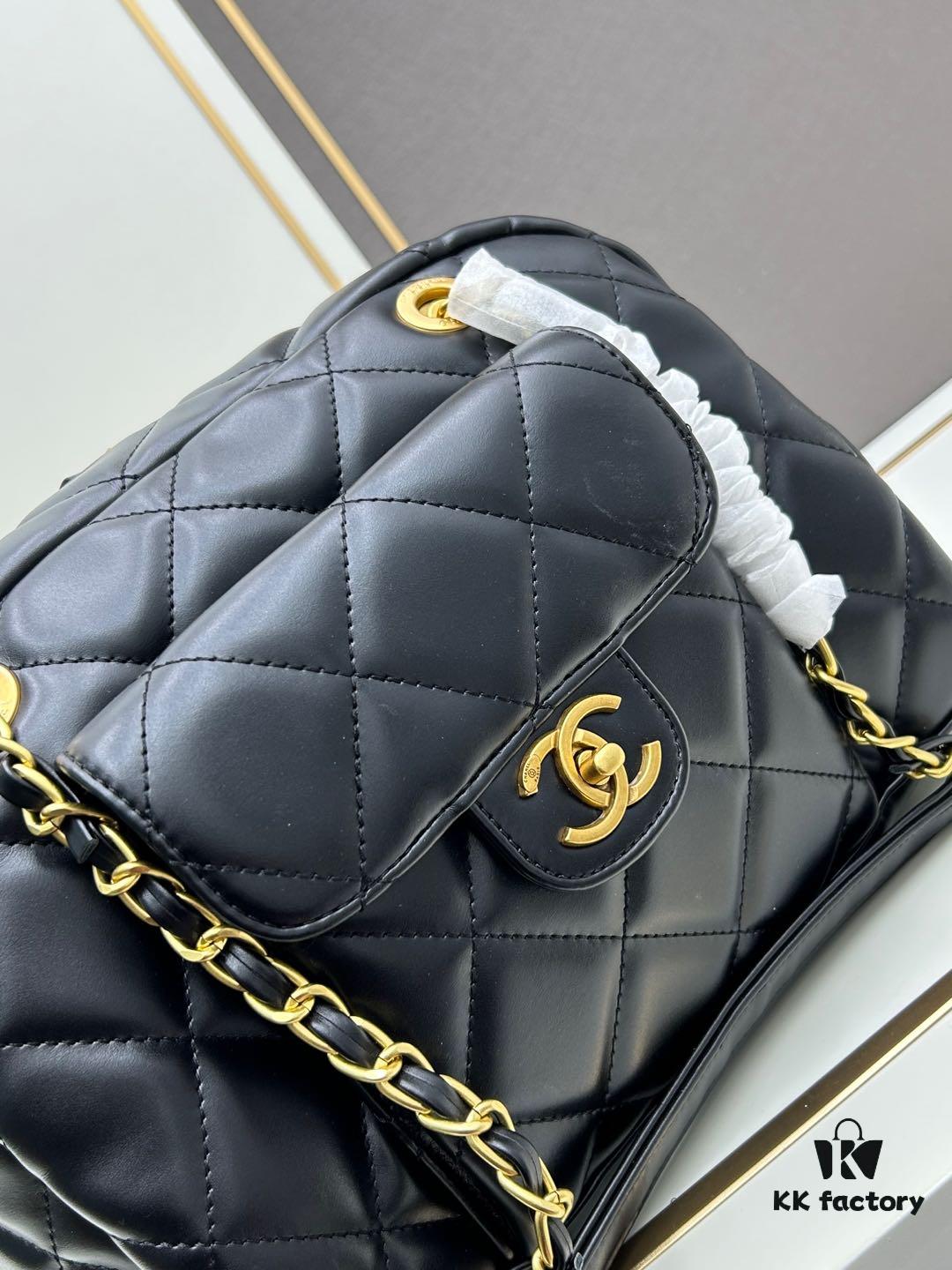 New Chanel 24A Bowling Bag Small Black Crinkled Calfskin