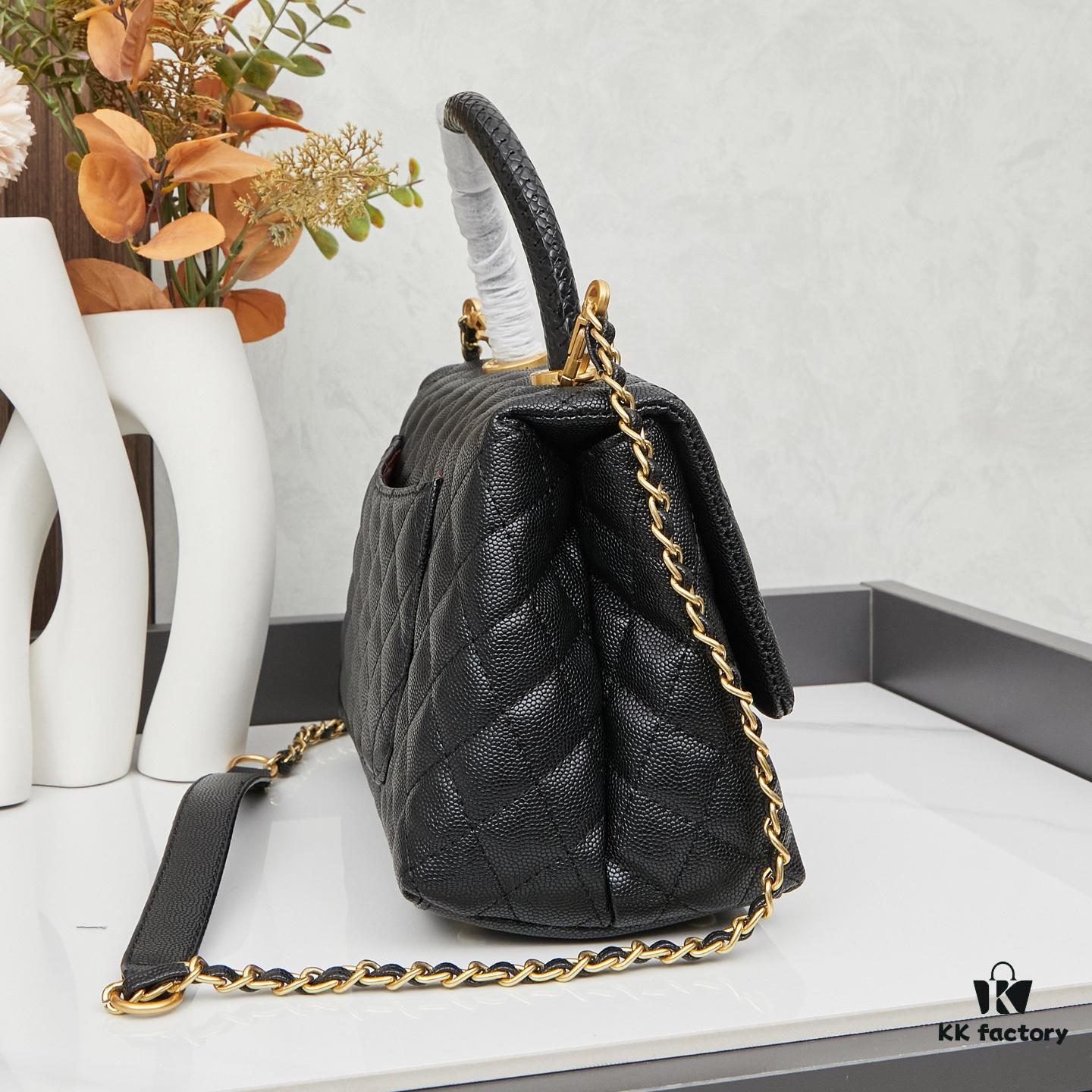 New Arrival with Box Chanel Coco Handle Black Calfskin Red Handle