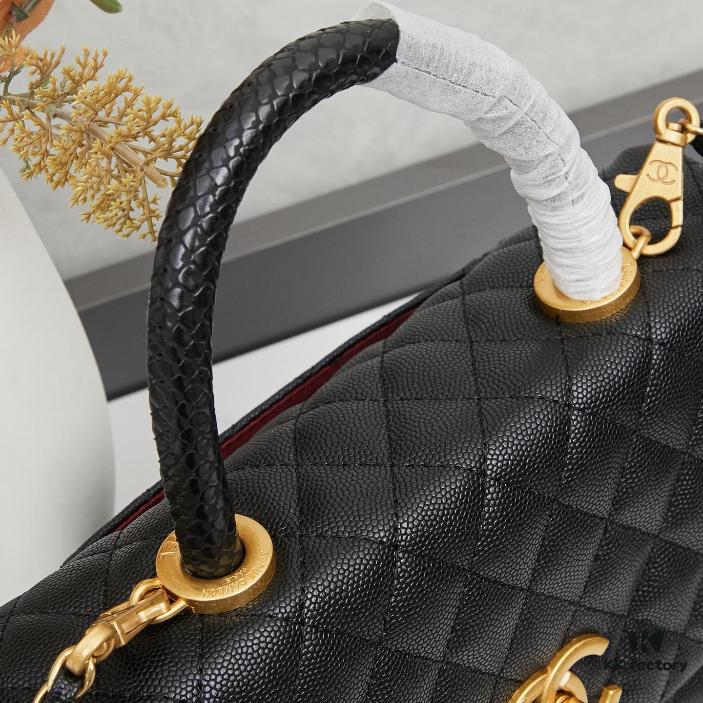 New Arrival with Box Chanel Coco Handle Black Calfskin Red Handle