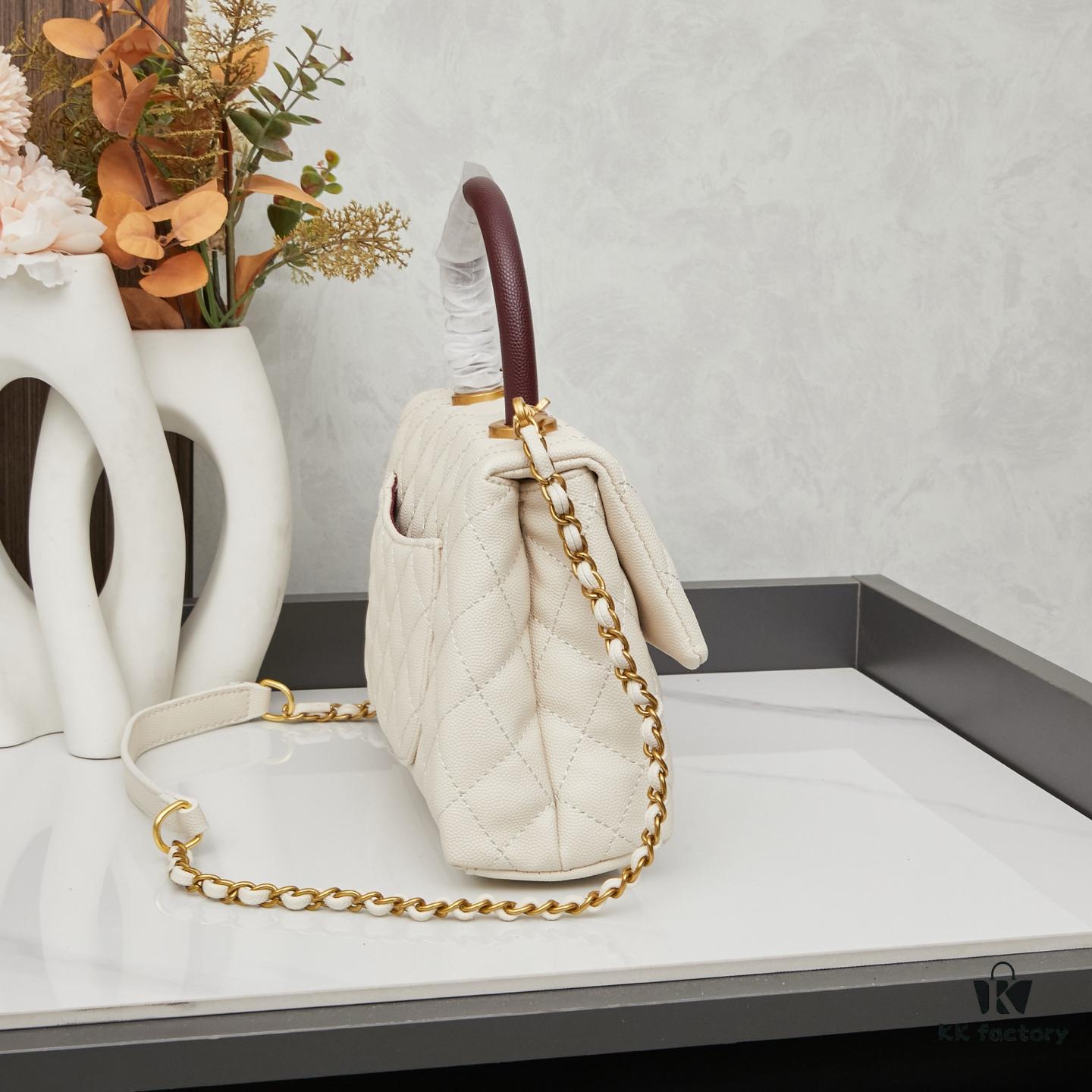 69304031f09edb6de4c4d7fa New Arrival with Box, Mini Chanel Coco Handle in Black Calfskin with Gold Hardware and Red Handle