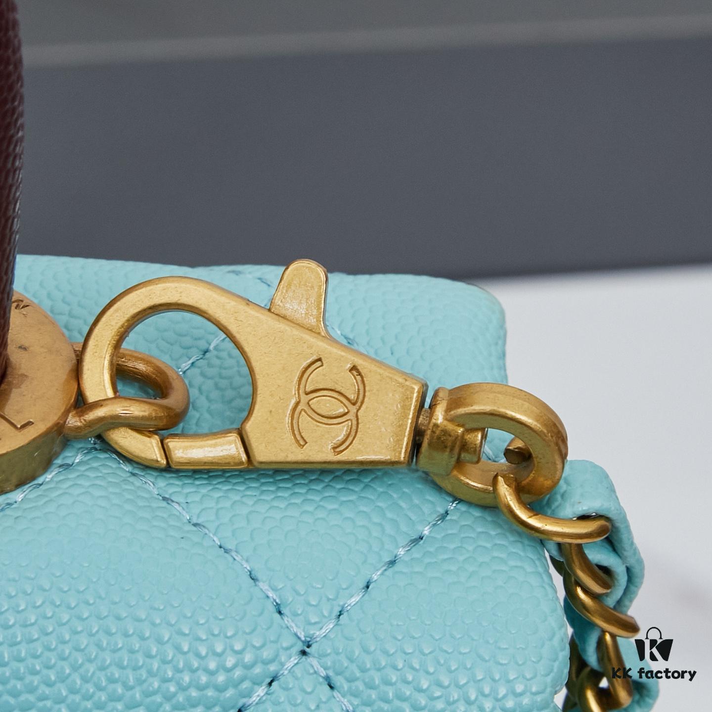 69304031f09edb6de4c4d7fc New Arrival with Box, Mini Chanel Coco Handle in Black Calfskin with Gold Hardware and Red Handle