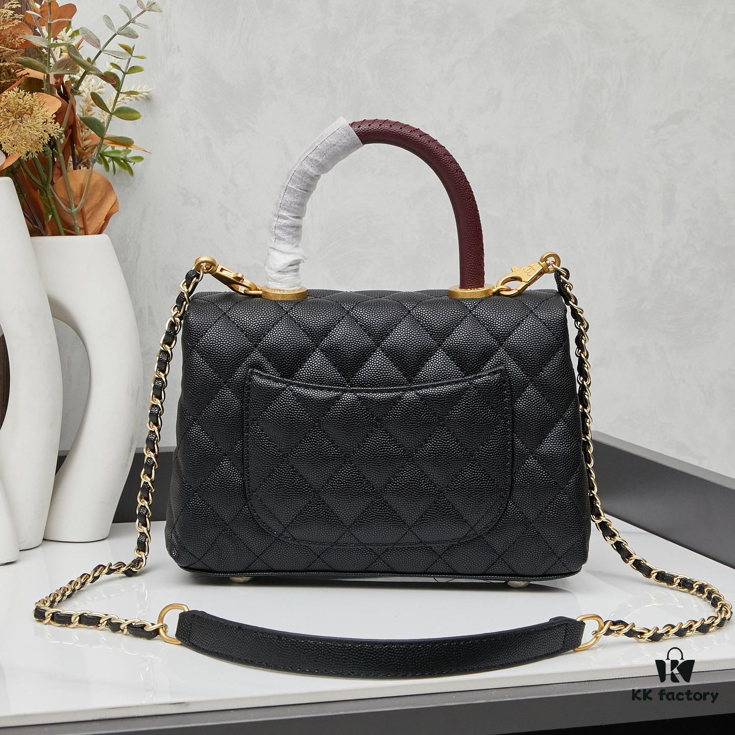 69304050f09edb6de4c4d811 New Arrival with Box, Mini Chanel Coco Handle, Black Calfskin with Gold Hardware, Red Handle