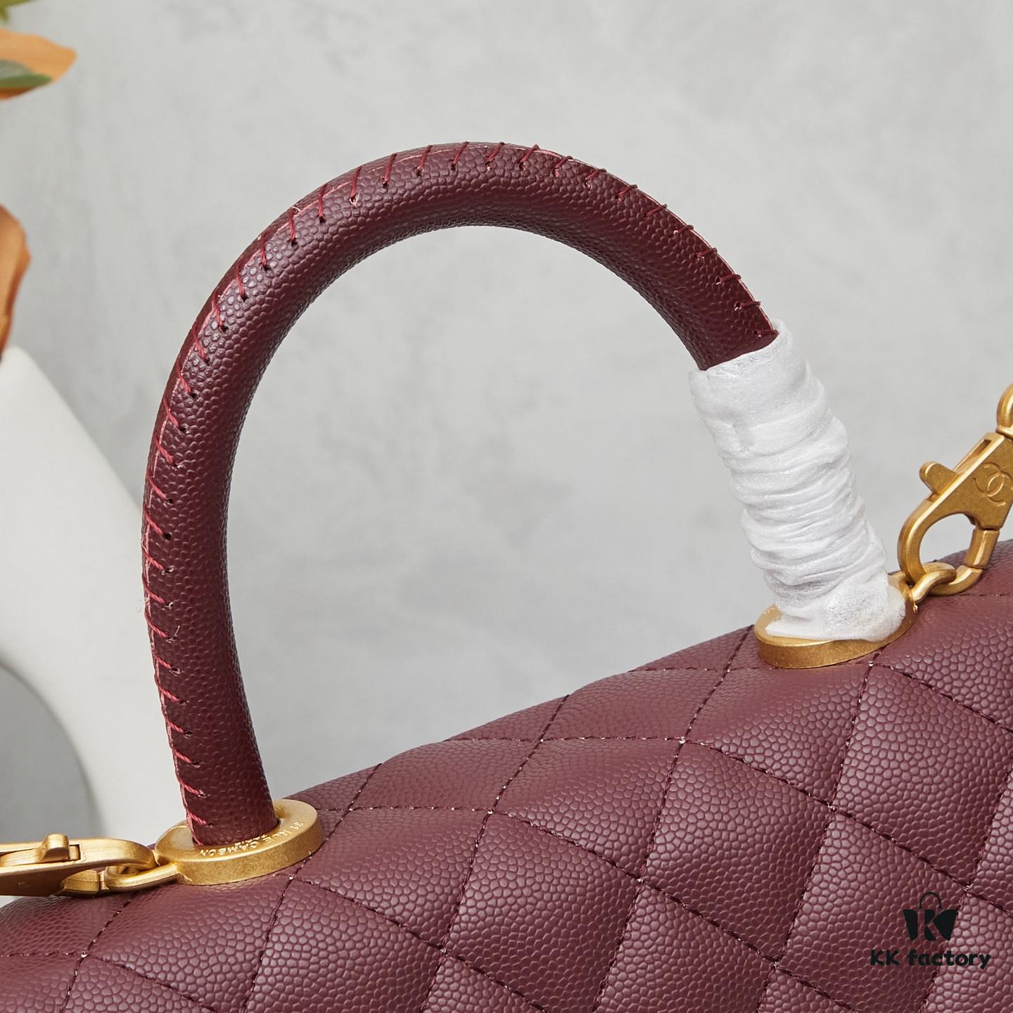 69304059f09edb6de4c4d81a New Arrival with Box, Mini Chanel Coco Handle in Black Calfskin with Gold Hardware and Red Handle