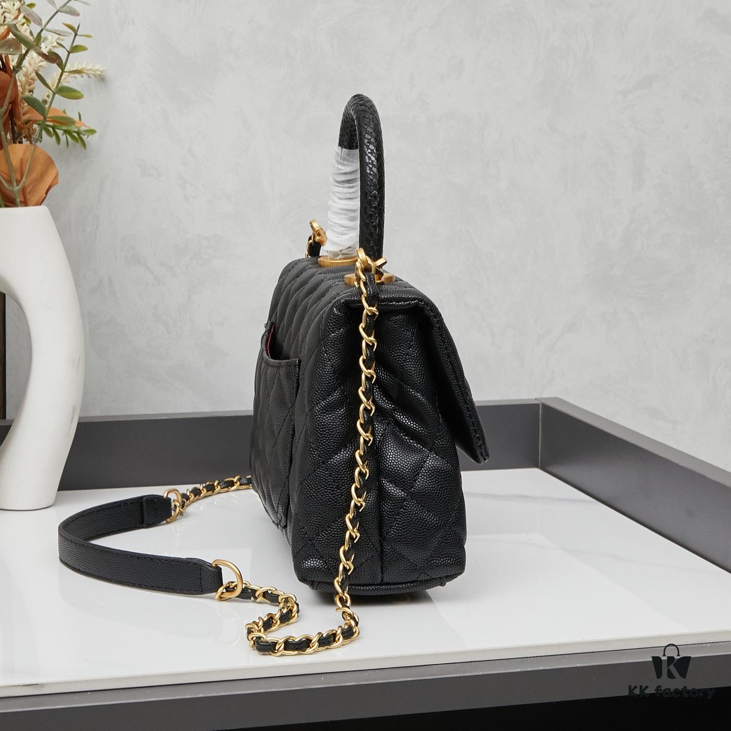 6930405cf09edb6de4c4d81d New Arrival with Box, Mini Chanel Coco Handle in Black Calfskin with Gold Hardware and Red Handle