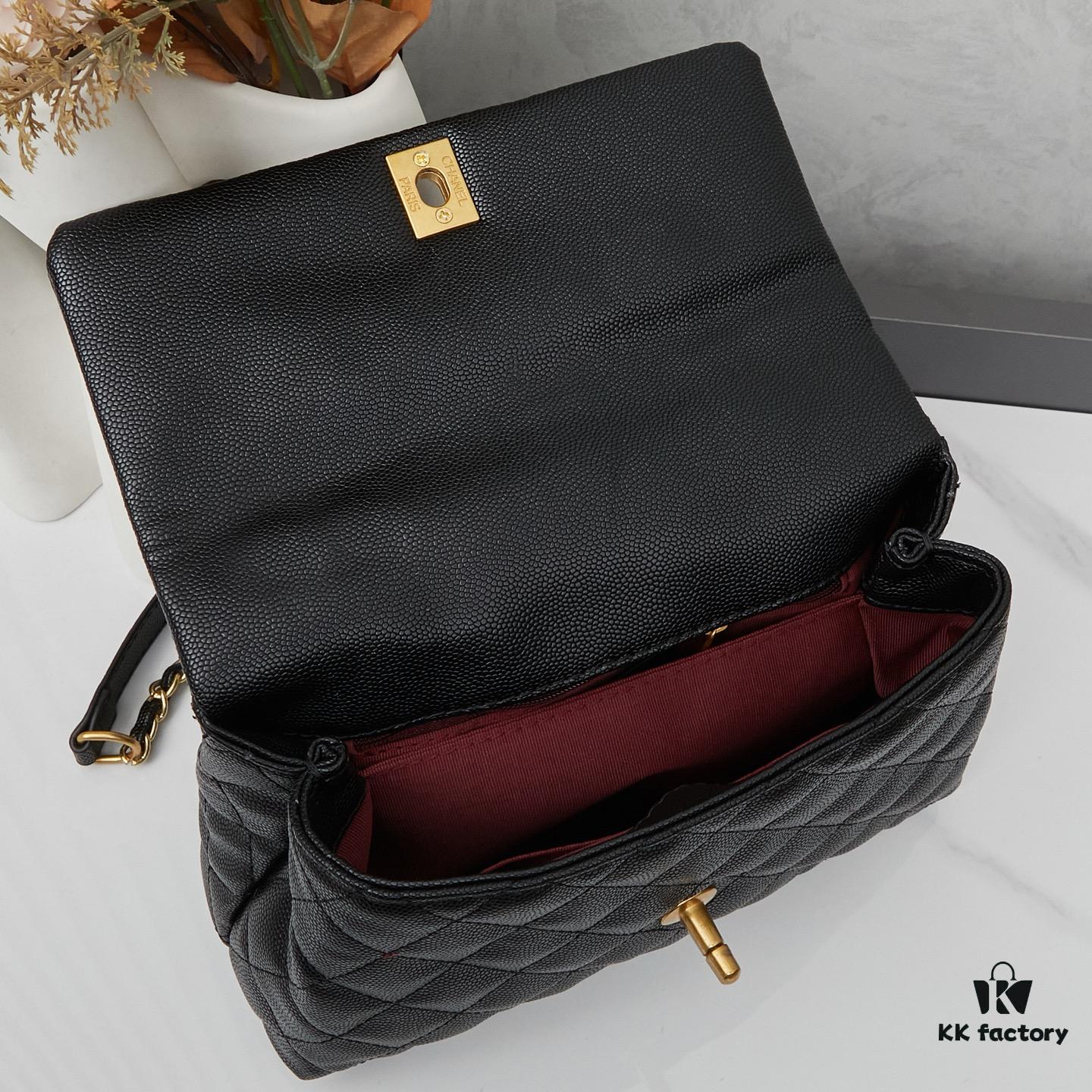 69304070f09edb6de4c4d82a New Arrival with Box, Mini Chanel Coco Handle in Black Calfskin with Gold Hardware and Red Handle