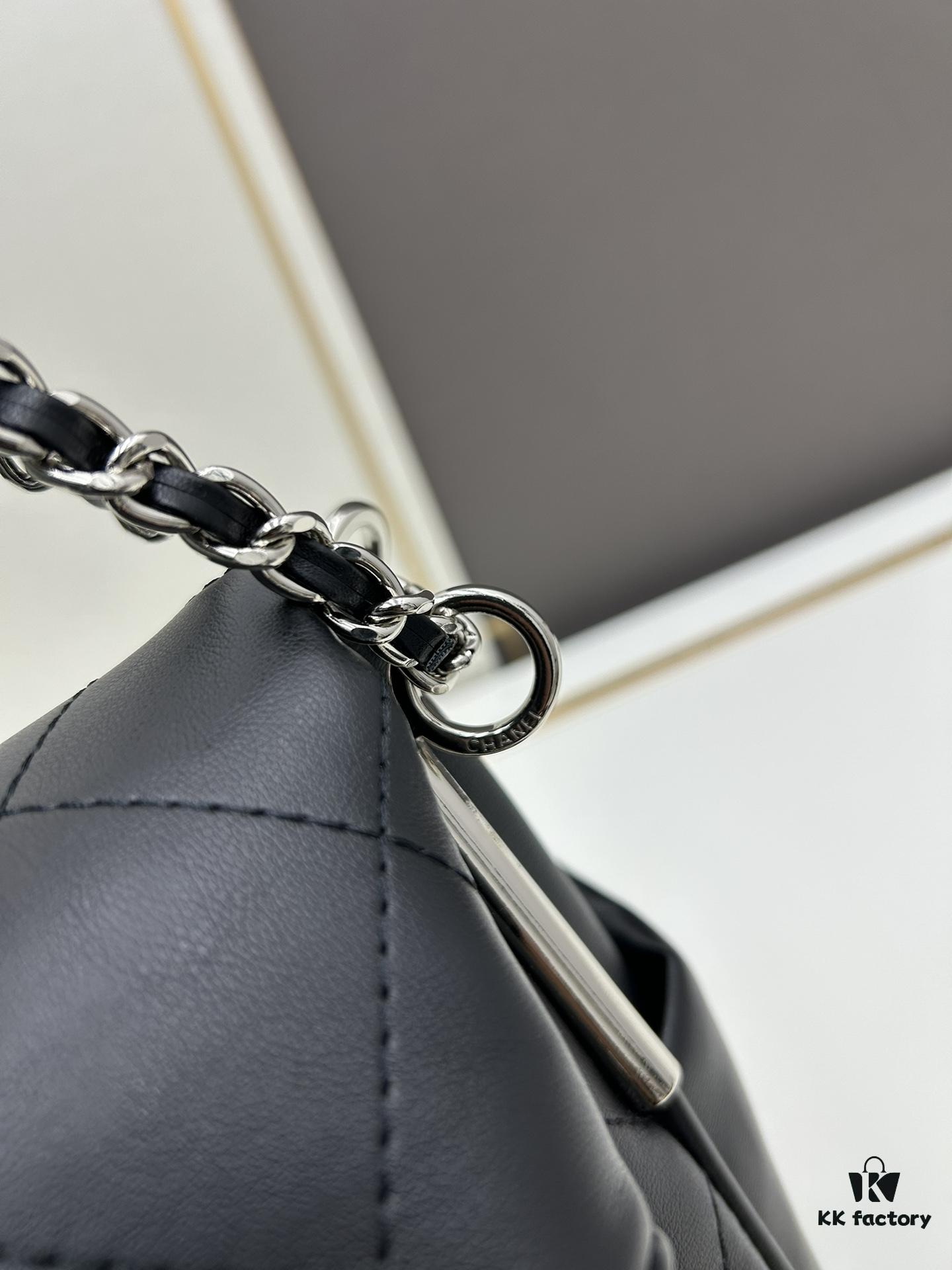 New Large-Sized Chanel Black and Silver Stitched Hobo Bag ② Size
