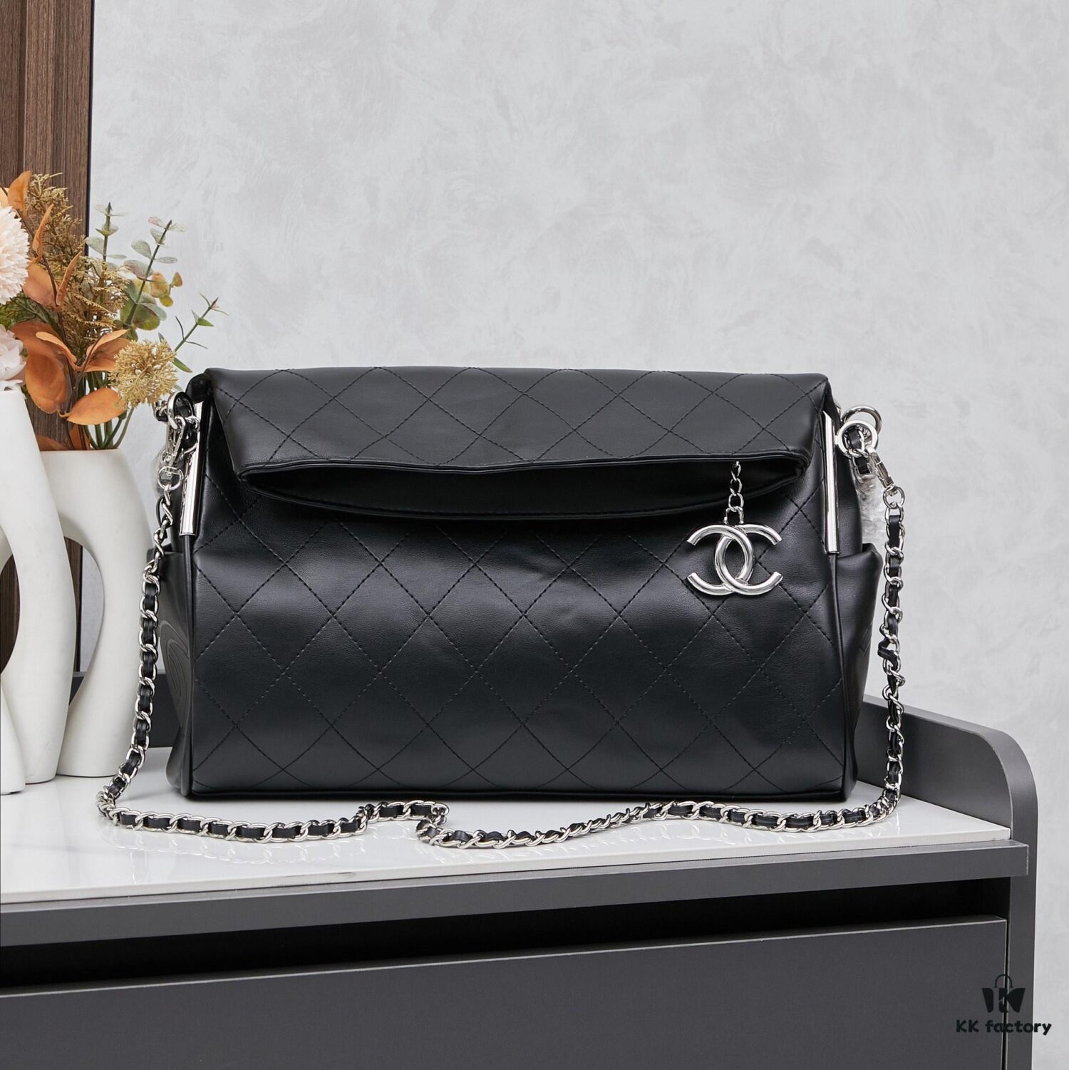 New Small Chanel Black and Silver Hobo Bag with External Stitching ② Size
