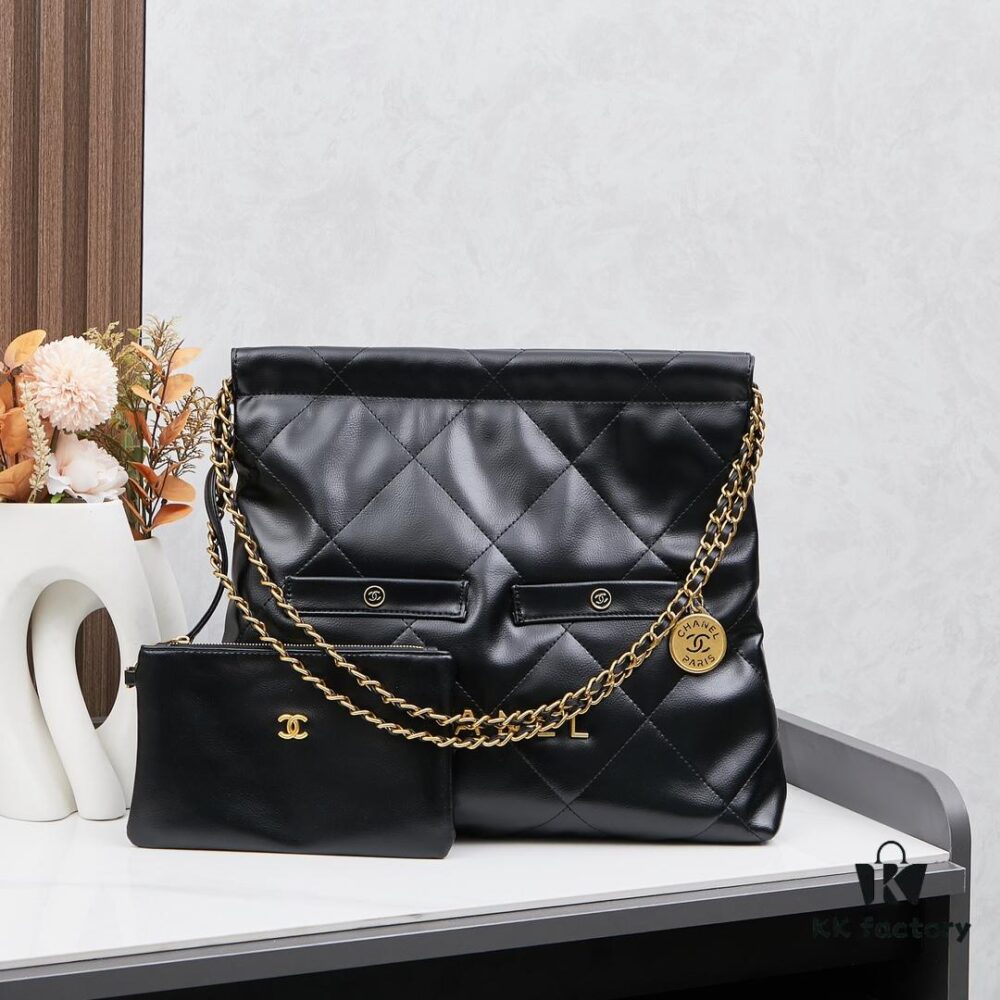 693041f8f09edb6de4c4d955 New Chanel 24B Model | Small Black and Gold Double Pocket 22Bag 🖤