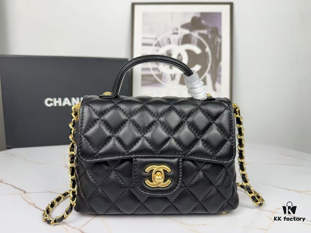 69304406f09edb6de4c4db8d CHANEL 25P New Handle Top Handle Bag Mini in Black and Gold Lambskin