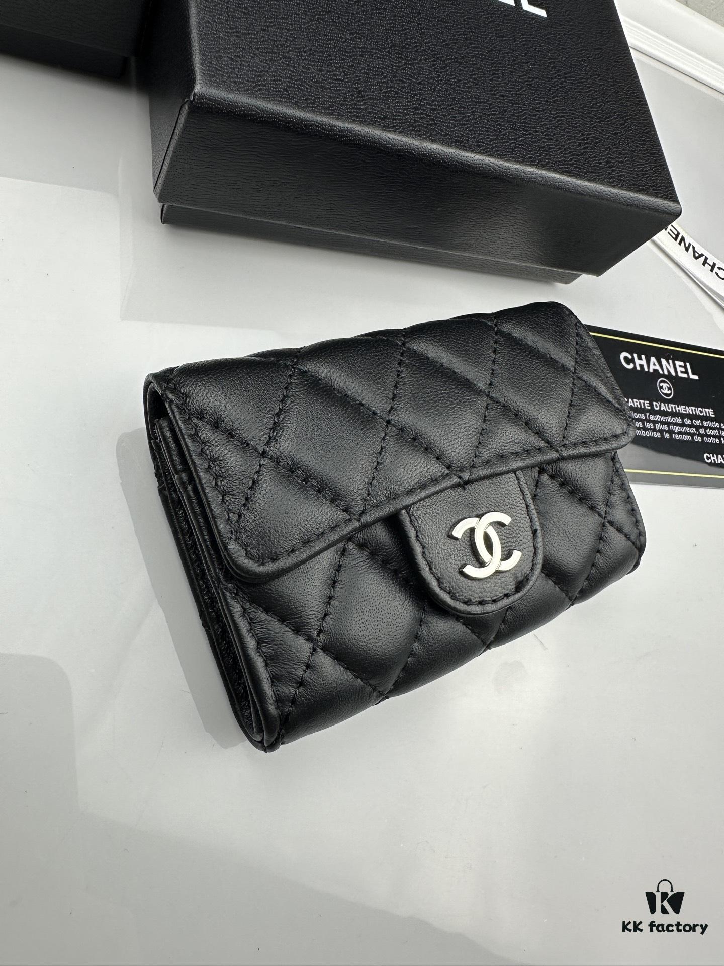 CHANEL Caviar Black / Gold 23K Classic Quilted Lambskin Wallet