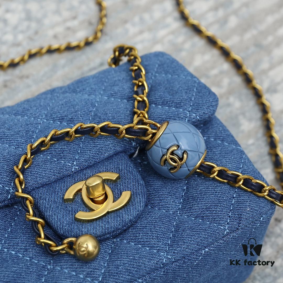 693046bff09edb6de4c4df23 CHANEL 22C Denim Metal Ball CF Square Fat Chanel Denim Collection