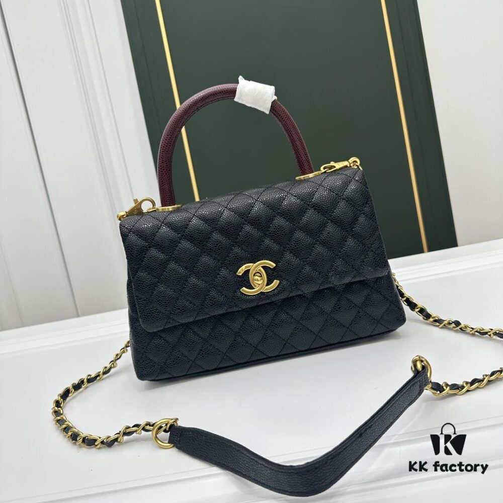 6930477cf09edb6de4c4dfd3 Calfskin Leather Shoulder & Top Handle Bag with Lizard Texture and Chanel-Style Hardware