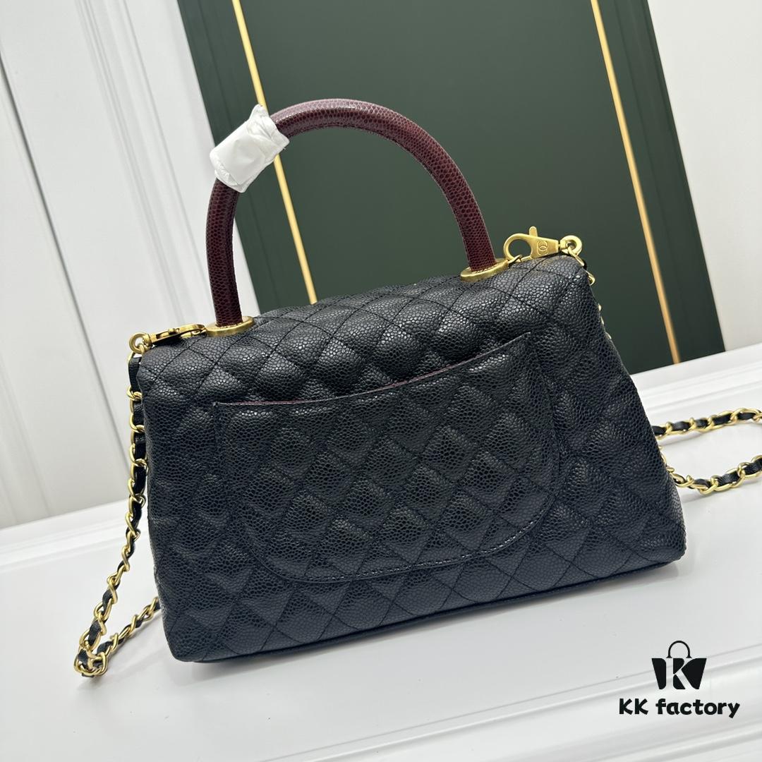 69304780f09edb6de4c4dfd5 Calfskin Leather Shoulder & Top Handle Bag with Lizard Texture and Chanel-Style Hardware
