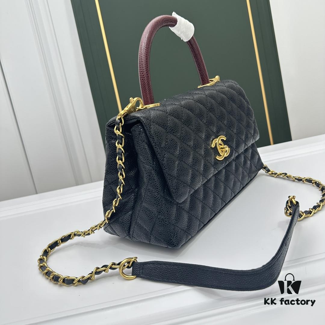 6930479df09edb6de4c4dfe2 Calfskin Leather Shoulder & Top Handle Bag with Lizard Texture and Chanel-Style Hardware