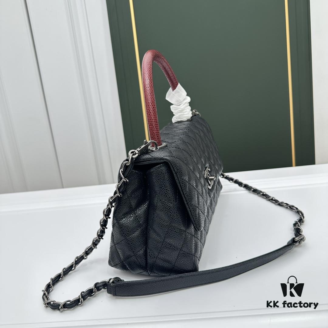 693047bef09edb6de4c4dfed Calfskin Leather Shoulder & Top Handle Bag with Lizard Texture and Chanel-Style Hardware