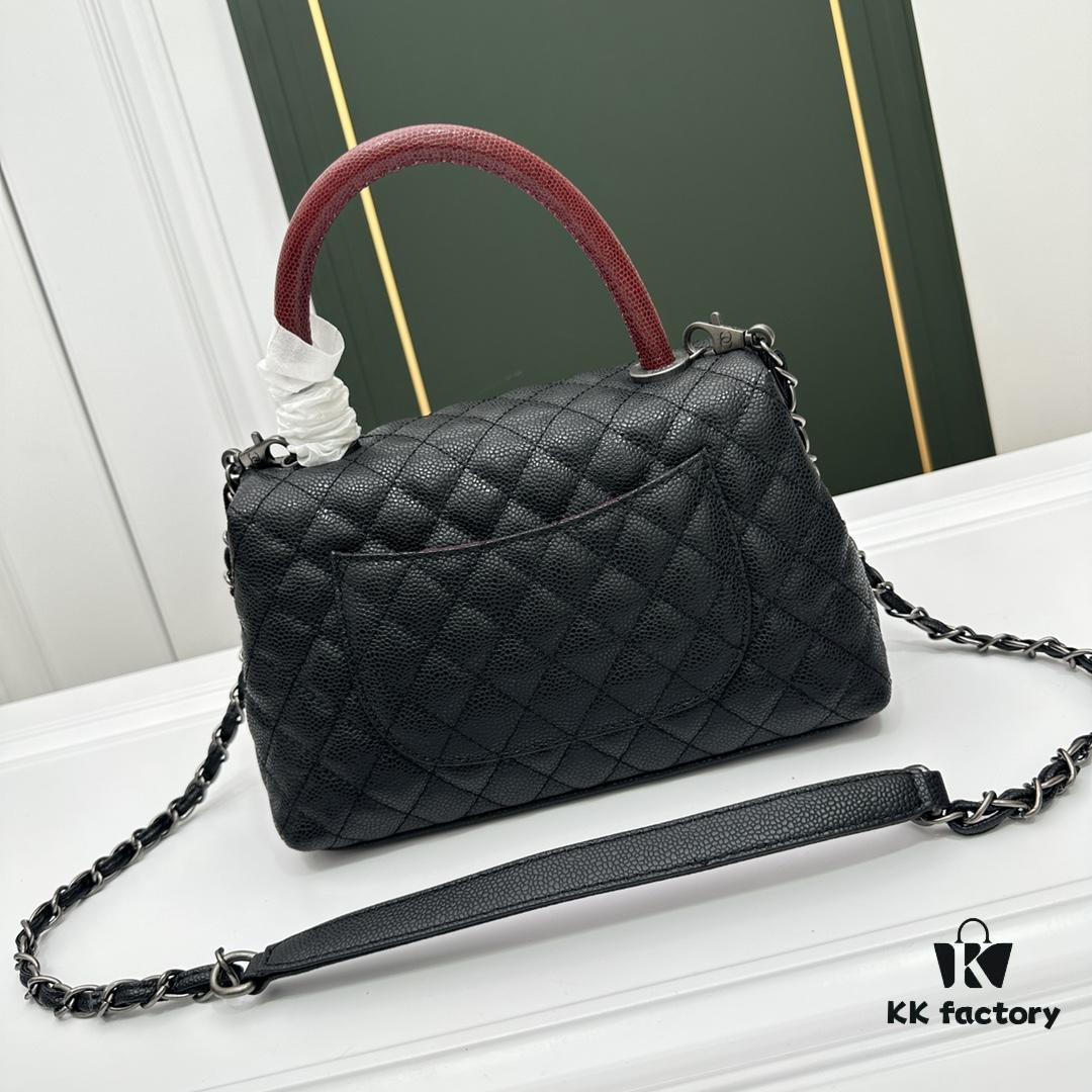 693047c6f09edb6de4c4dff3 Calfskin Leather Shoulder & Top Handle Bag with Lizard Texture and Chanel-Style Hardware
