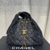 693047e9f09edb6de4c4e009 Chanel Washed Denim 25C Hobo Bag with Quilted Ball Texture, Vintage Coin Button Drawstring Bucket Bag in Retro Black and Gold with Diamond Stitching, Classic Chain Design