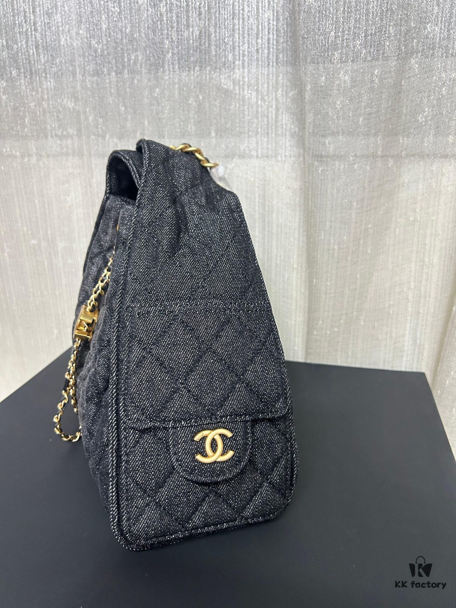 693047eaf09edb6de4c4e00a Chanel Washed Denim 25C Hobo Bag with Quilted Ball Texture, Vintage Coin Button Drawstring Bucket Bag in Retro Black and Gold with Diamond Stitching, Classic Chain Design
