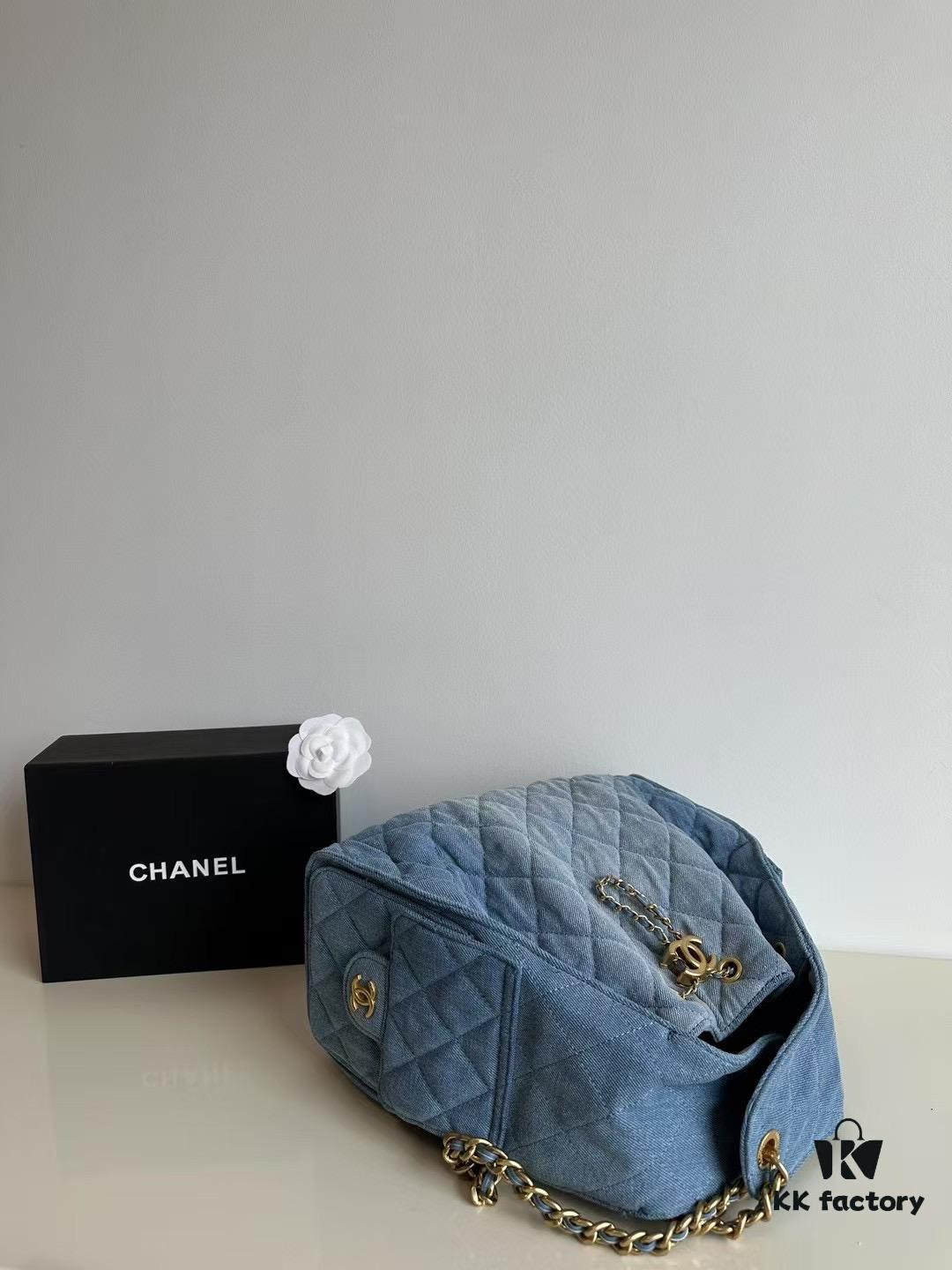 693047f8f09edb6de4c4e013 Chanel Washed Denim 25C Hobo Bag with Quilted Ball Texture, Vintage Coin Buckle Drawstring Bucket Bag in Retro Black and Gold with Diamond Stitching and Classic Chain Design