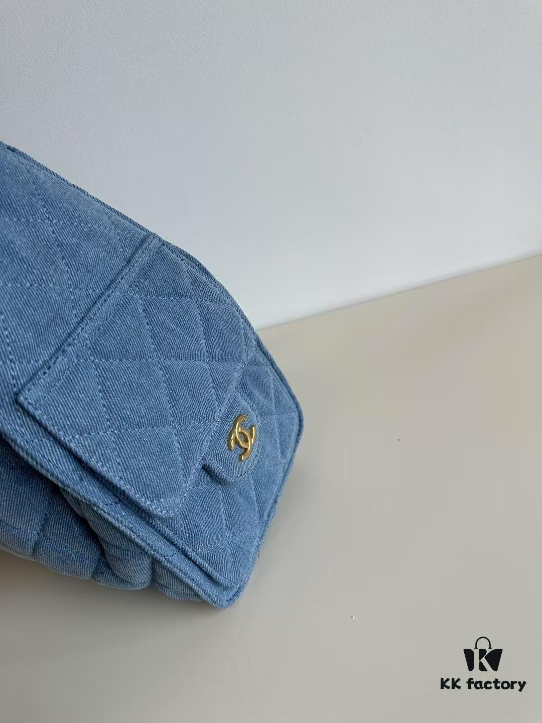 693047faf09edb6de4c4e015 Chanel Washed Denim 25C Hobo Bag with Quilted Ball Texture, Vintage Coin Buckle Drawstring Bucket Bag in Retro Black and Gold with Diamond Stitching and Classic Chain Design
