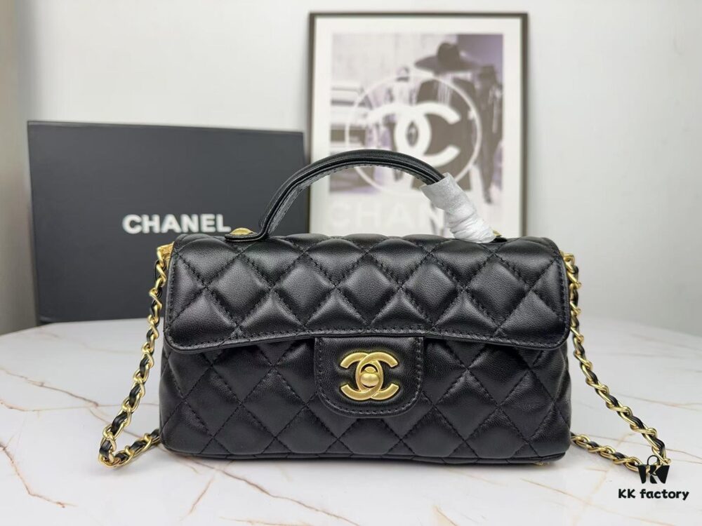 6930481bf09edb6de4c4e031 CHANEL 25P New Handle Top Handle Bag Mini in Black and Gold Lambskin