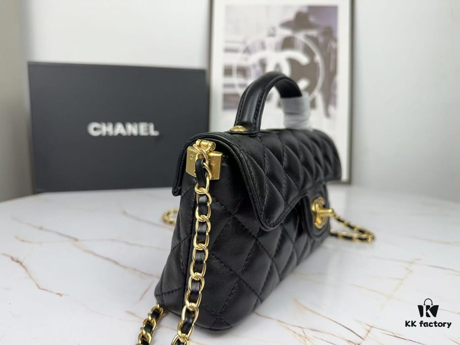 69304820f09edb6de4c4e036 CHANEL 25P New Handle Top Handle Bag Mini in Black and Gold Lambskin
