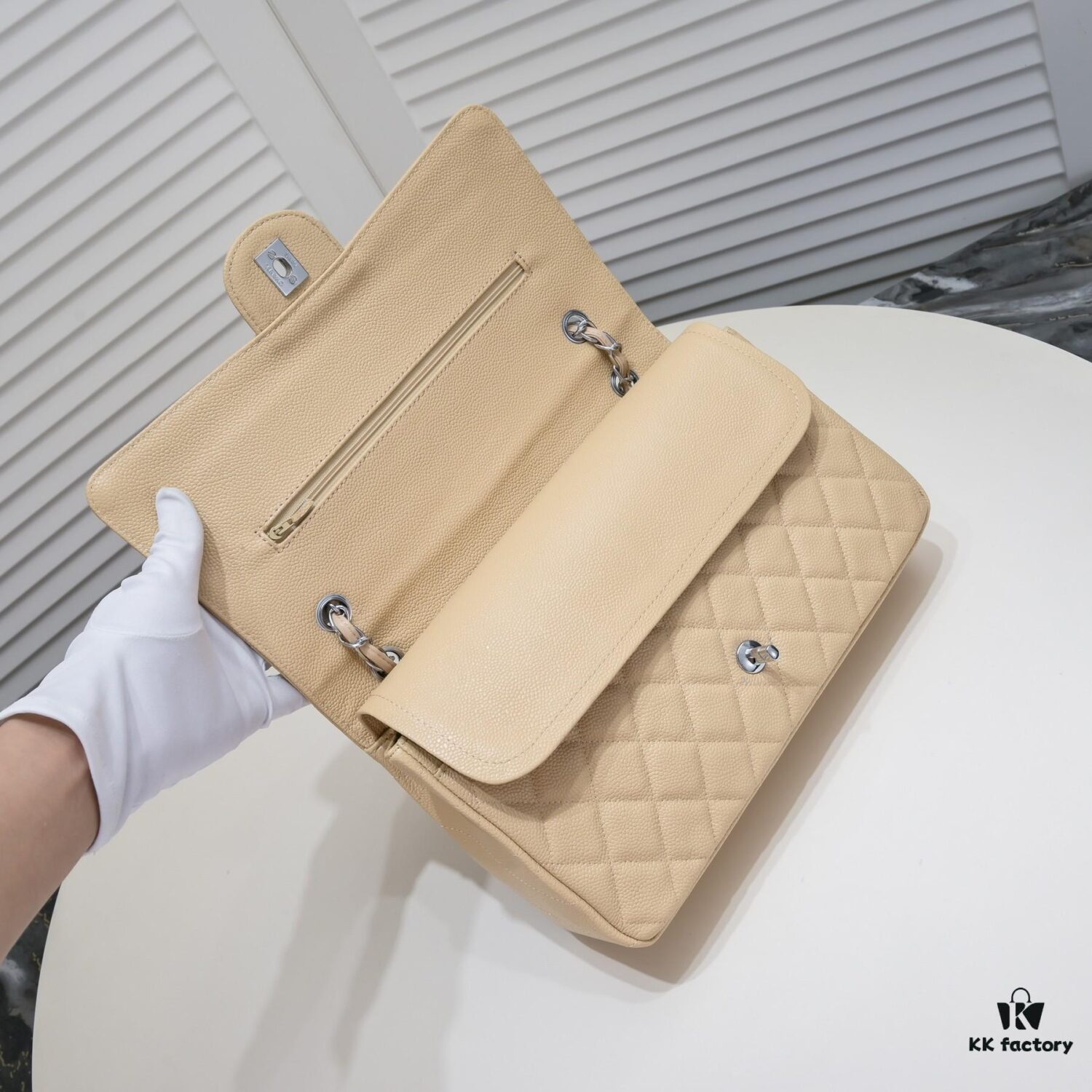 Beige Chanel Classic Bag, Century Iconic Style, Made with Precision Craftsmanship, Imported Caviar Calfskin with Original Hardware, Quilted Pattern Fullness, Perfect Soft Silhouette