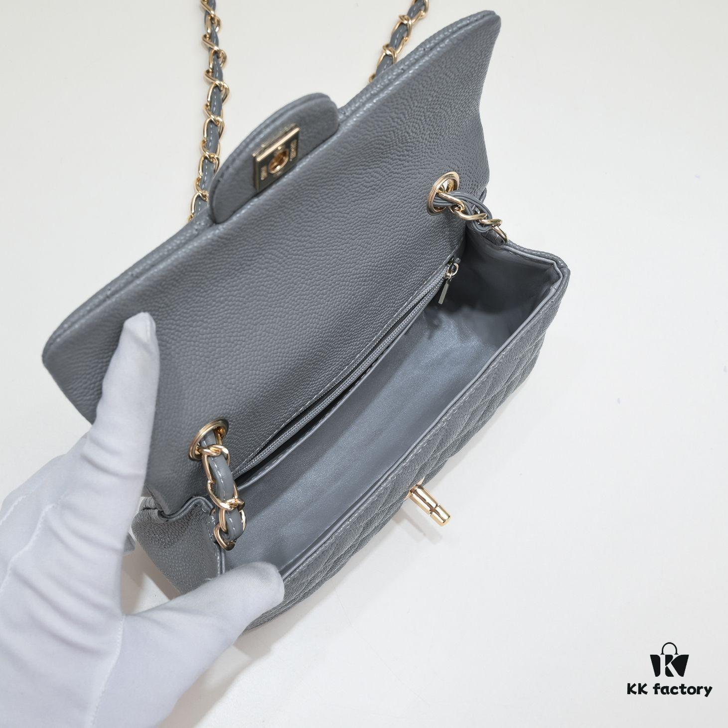 Gray CF Style Caviar Leather Handbag, Versatile Chanel-Inspired Classic Design, Elegant and Soft High-End Leather, Premium Hardware and Craftsmanship