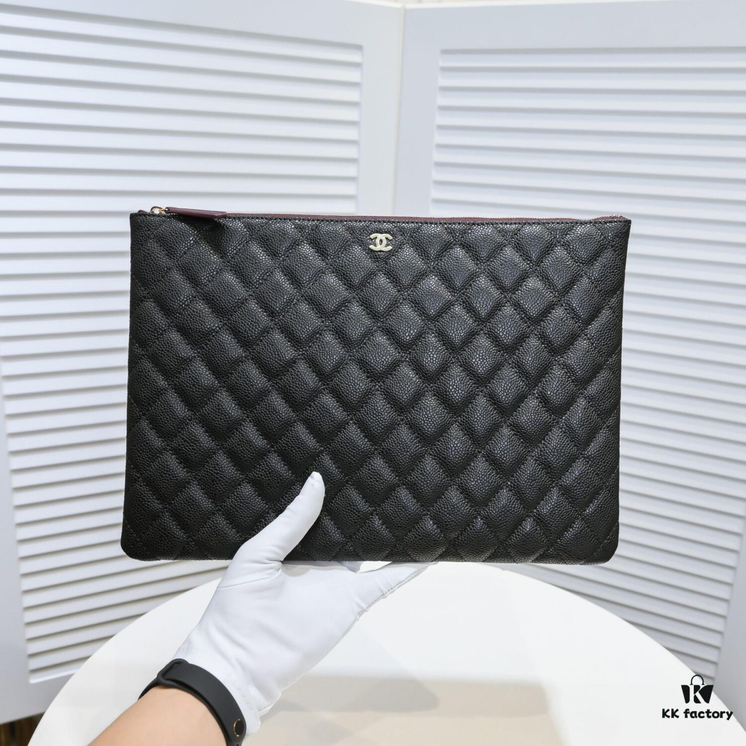 69304c5af09edb6de4c4e61b Chanel Gold Button Caviar Quilted Leather Clutch with Box