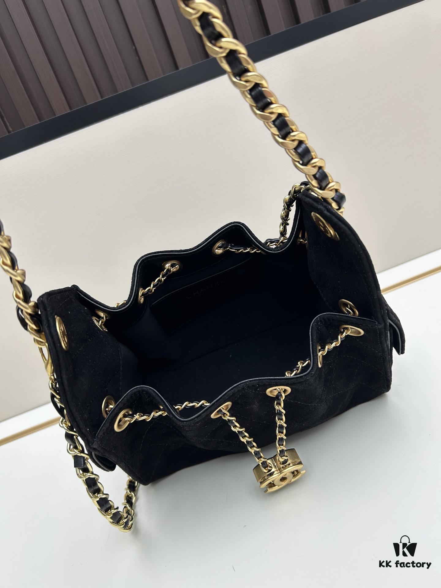 69304cbdf09edb6de4c4e6d0 Mini Matte Chanel 25C Hobo Bag in Suede, Fringe Crossbody Bucket Bag with Vintage Coin Toggle Drawstring, Diamond Quilting, Retro Black-Gold Tone, Classic Chain Design