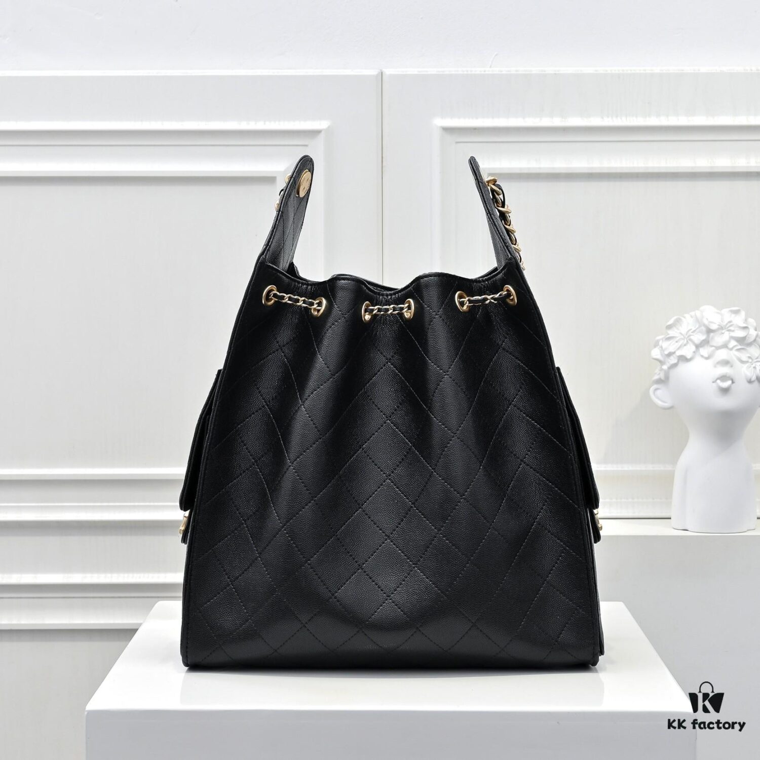 69304cd8f09edb6de4c4e6f6 Large Upgraded Chanel 25C Hobo Bag in Quilted Calfskin with Vintage Gold-Tone Buckle Drawstring Bucket Design, Rhombus Stitching, Retro Black and Gold, Classic Chain Detail