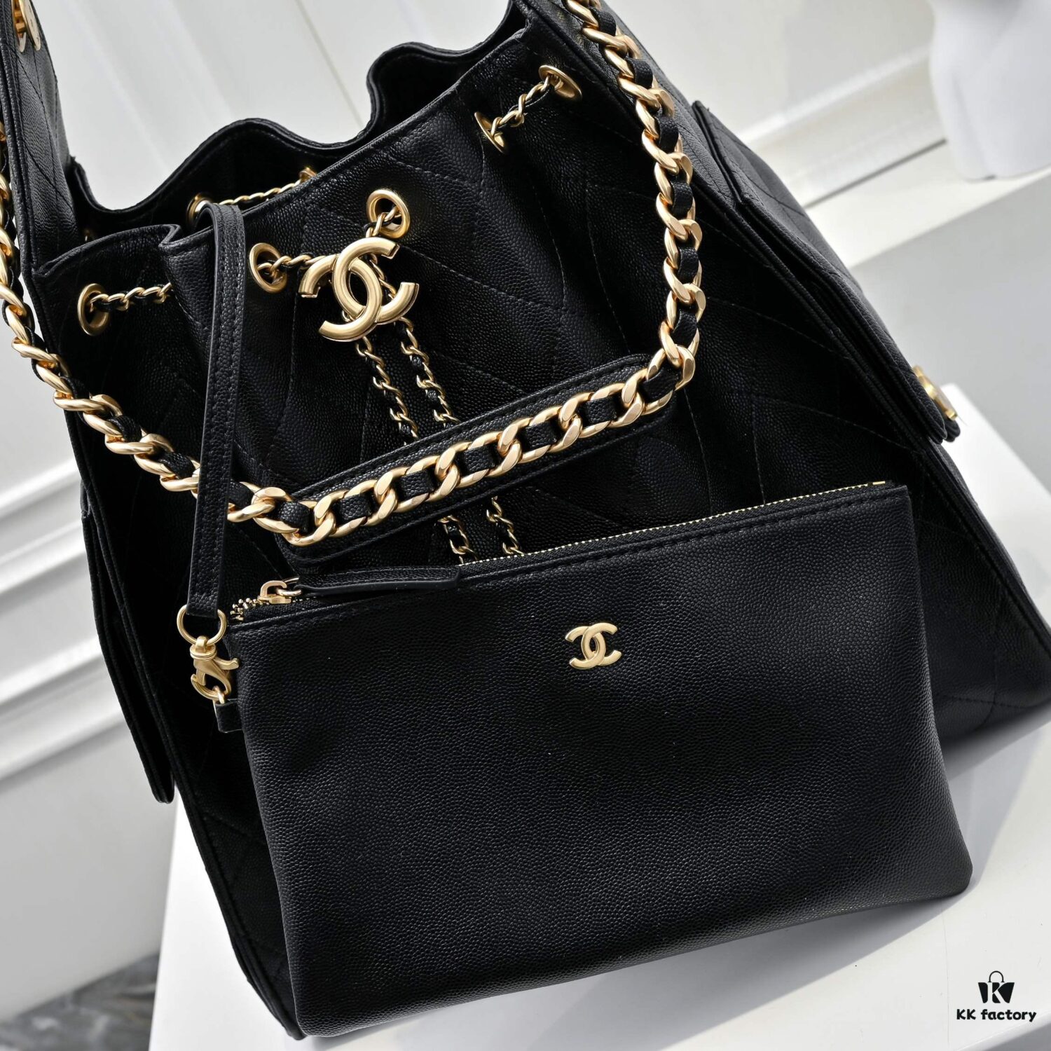 69304cdef09edb6de4c4e6ff Large Upgraded Chanel 25C Hobo Bag in Quilted Calfskin with Vintage Gold-Tone Buckle Drawstring Bucket Design, Rhombus Stitching, Retro Black and Gold, Classic Chain Detail