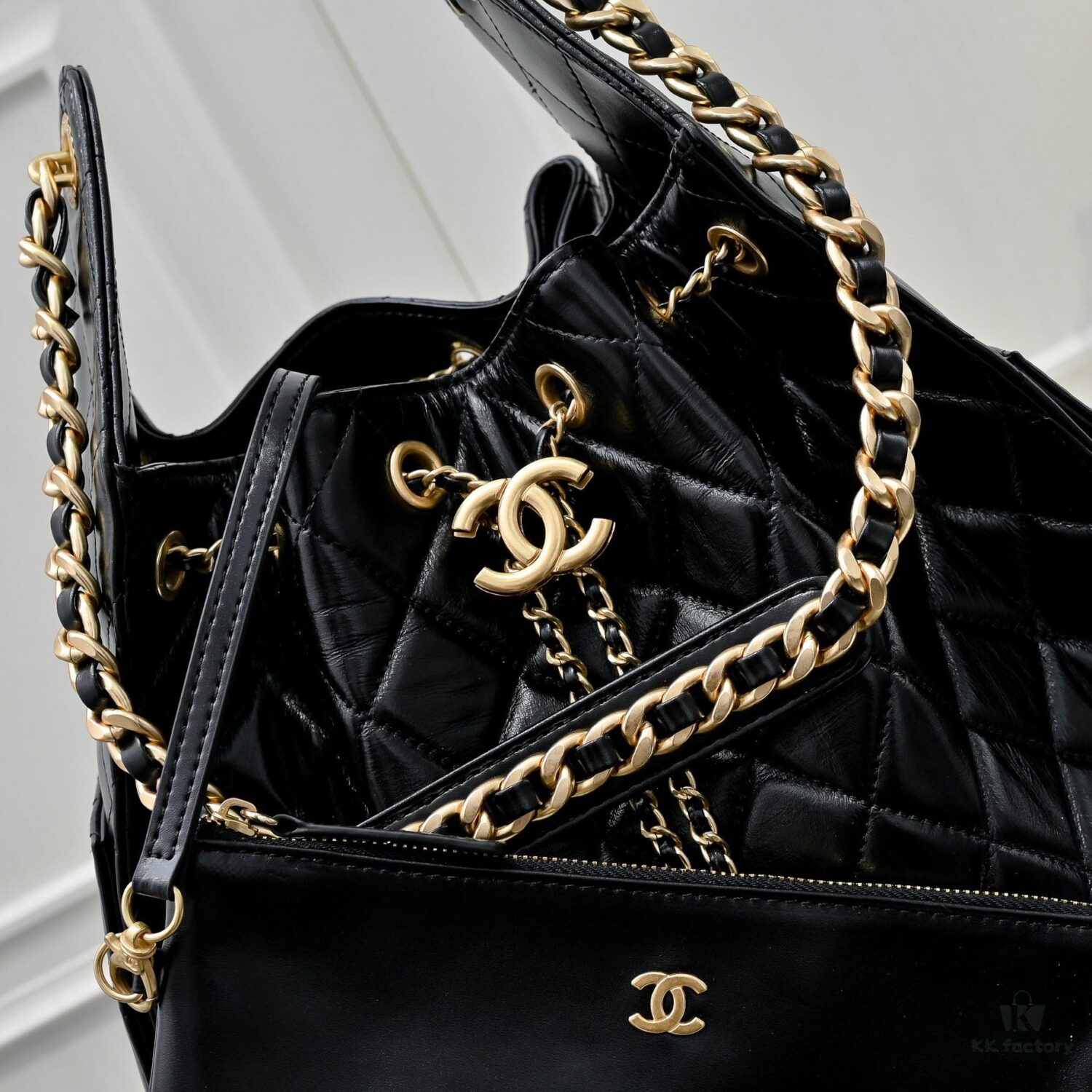 69304ce6f09edb6de4c4e70c Large Upgraded Chanel 25C Hobo Bag in Oil-Waxed Calfskin - Vintage Gold-Tone Buckle Drawstring Bucket Bag with Quilted Pattern, Retro Black and Gold, Classic Chain Design