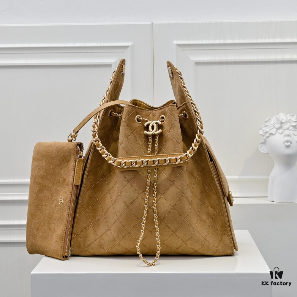 Large Upgraded Chanel 25C Hobo Bag in Suede Calfskin - Vintage Bucket Bag with Drawstring Closure, Quilted Diamond Pattern, Retro Gold-Tone Hardware and Classic Chain Design