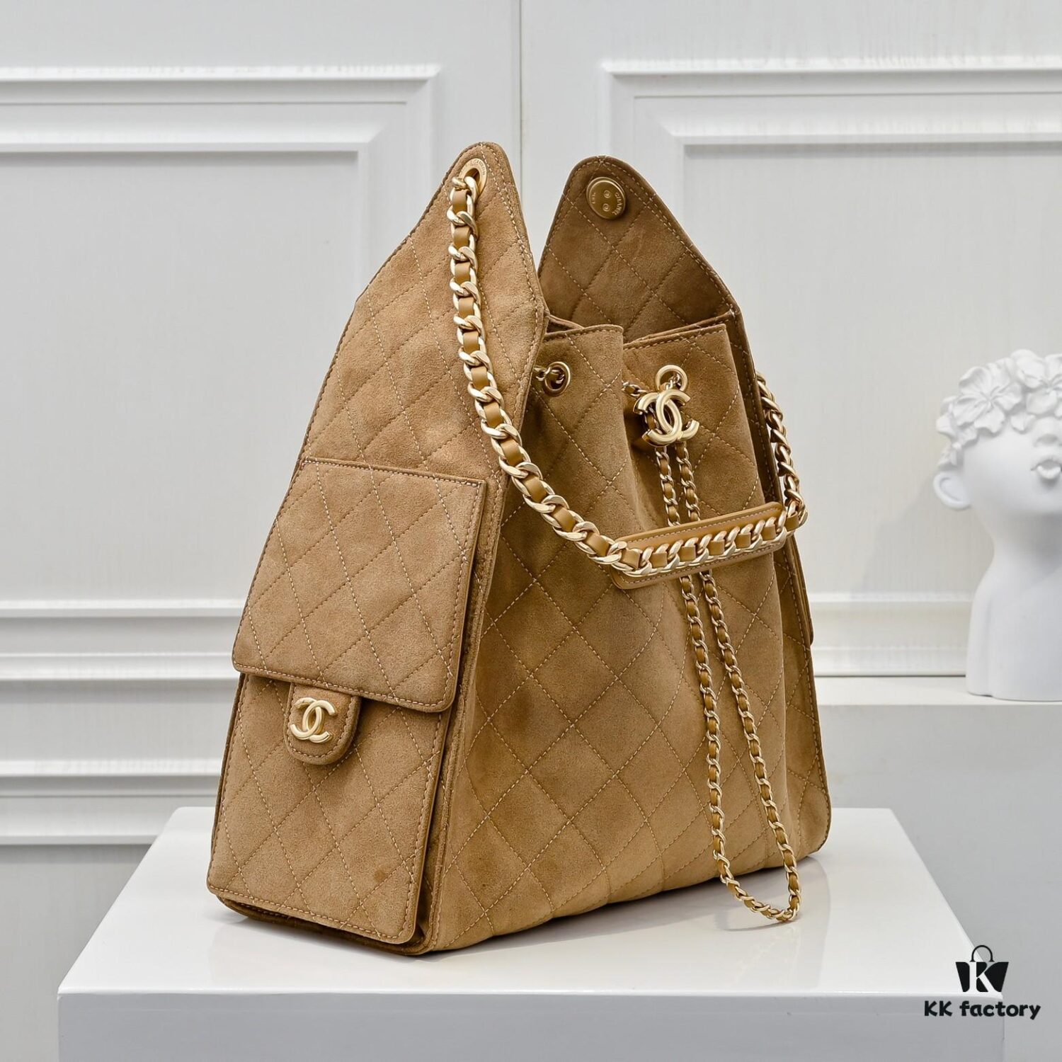 69304d10f09edb6de4c4e73a Large Upgraded Chanel 25C Hobo Bag in Suede Calfskin - Vintage Bucket Bag with Drawstring Closure, Quilted Diamond Pattern, Retro Gold-Tone Hardware and Classic Chain Design
